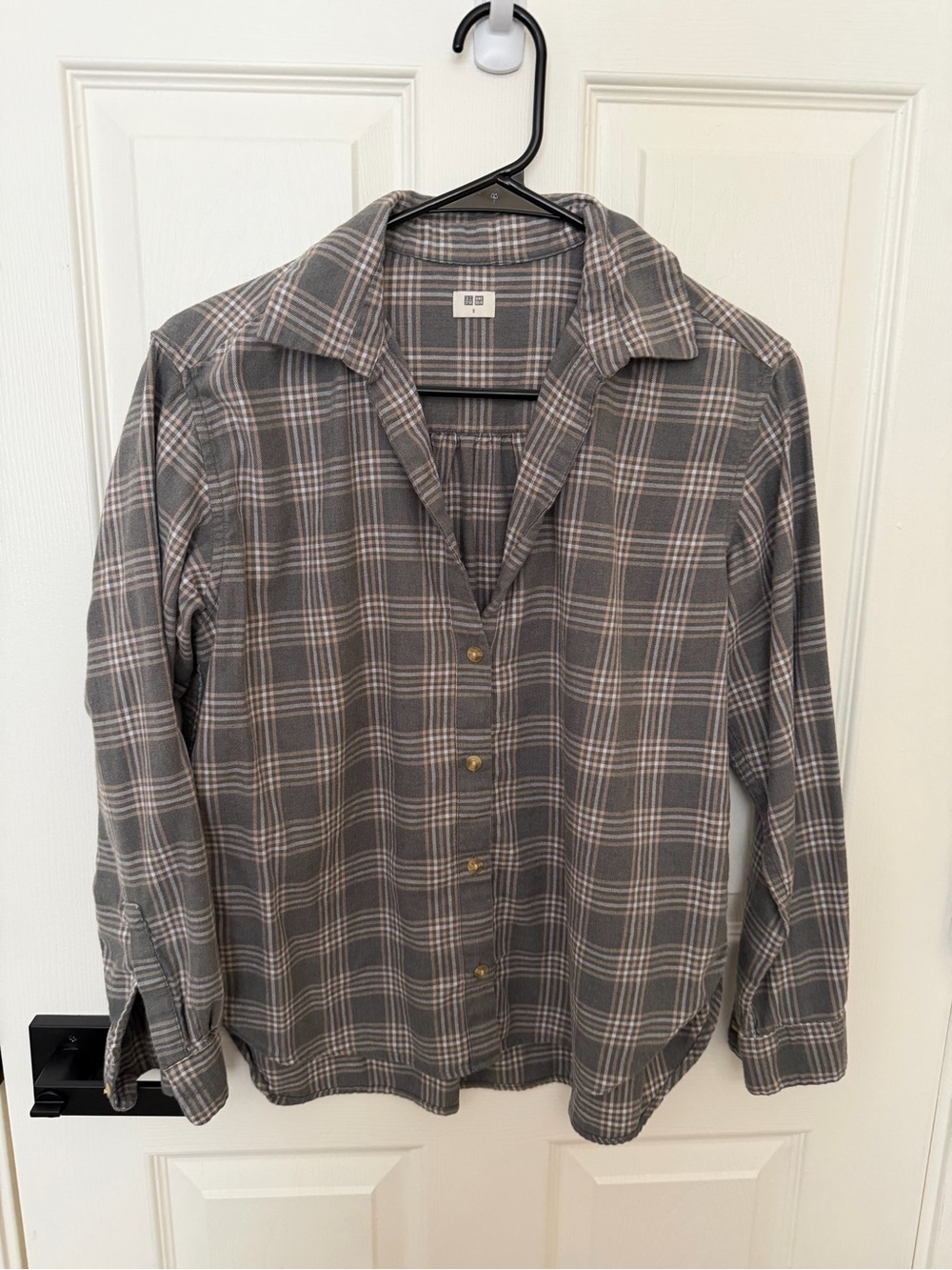 Uniqlo Gray Plaid Button-Down Shirt with Light Pink Accents